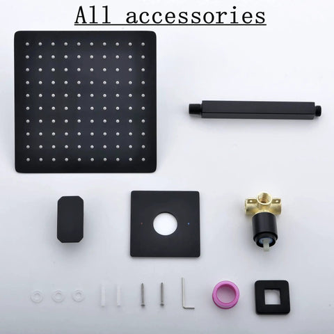 Ceiling Mount Rain Shower System With 10 Inch Square Head Matte Black Finish Rough-In Valve All Metal Construction accessories
