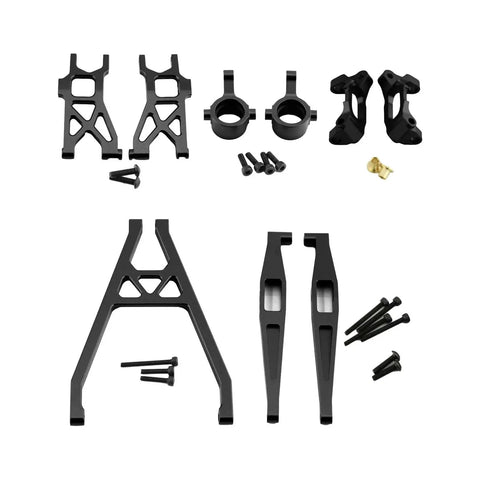 Built Like Steel 1/18 Scale Rc Car Suspension Kit Featuring Bombproof Aluminum C Hubs Front Lower And Rear Lower Arms Coupled With Precision Steering Cups Drop In Swap For Crawler Trucks components layout with lower arms and c hubs.