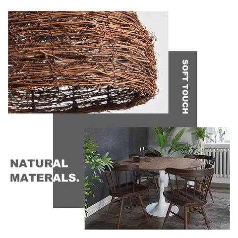 Close-up of Cozy Vibe Rattan Pendant Light Fixture With Beach Wicker Dome Shade and dining room setting in natural brown.