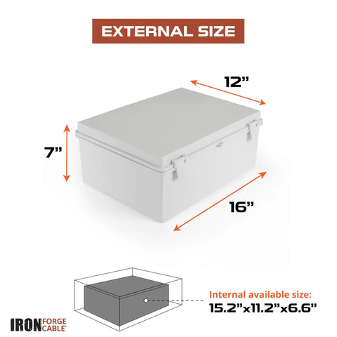 Extra Large Outdoor Waterproof Junction Box With Hinged Panel Cover dimensions 16 x 12 x 7 inches, weatherproof electrical enclosure.