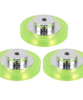 Pro Grade Aluminum Polyurethane Encoder Wheels Built Tough For Exact Speed And Position Tracking Heavy Duty Industrial Rotary Sensor Gauge High Resolution 200Mm Perimeter 3 Pack set of three green wheels with metal core.