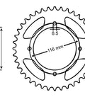 Diagram of 420 Chain Sprockets And Chain Kit For Kawasaki KX85 2001 2024 with front and rear sprockets, dimensions shown