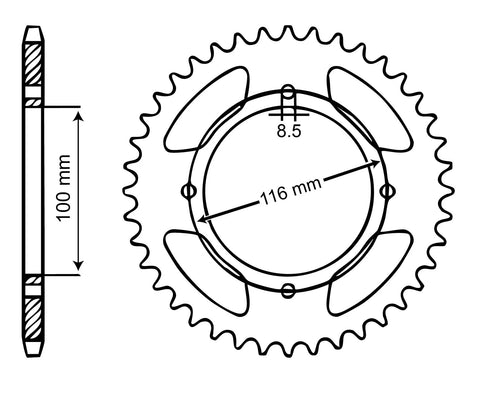 Diagram of 420 Chain Sprockets And Chain Kit For Kawasaki KX85 2001 2024 with front and rear sprockets, dimensions shown