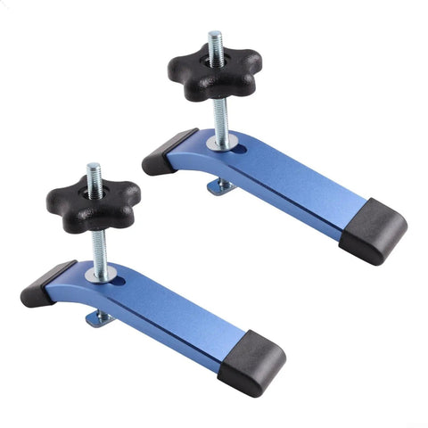 Premium M8 T Slot Hold Down Clamp Kit Blue Anodized Aluminum With Smooth Slide Feature For Router Table And Drill Press Woodworking Stables Materials, close-up of two clamps.