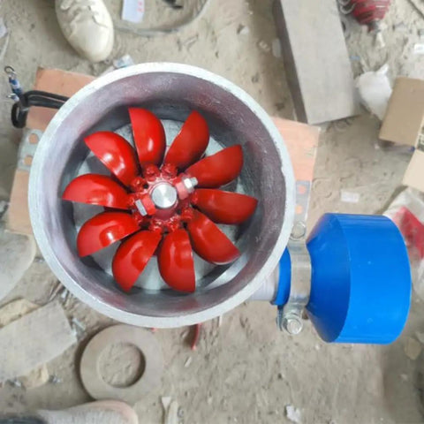 Top view of a 3KW Micro Hydroelectric Generator With 220V Output For Rivers And Creeks, showing red turbine blades inside metal casing.