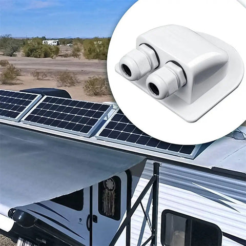 Solar Cable Entry Gland Waterproof Dual Cable Connector Cover for RV Caravan Boat Panels, installed on RV roof with solar panels