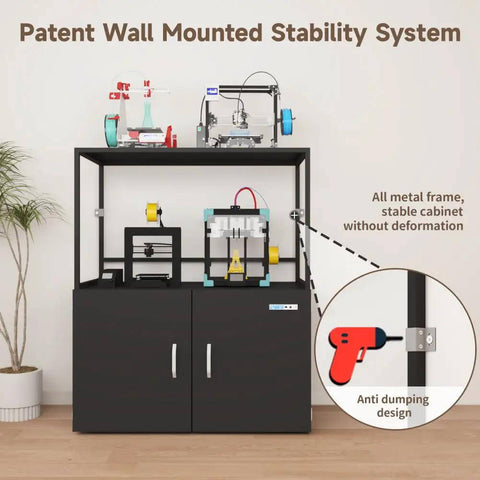 Beefy 300L Filament Storage Cabinet With Dehumidifier, black, patent wall-mounted stability system shown, ideal for 3D printing.