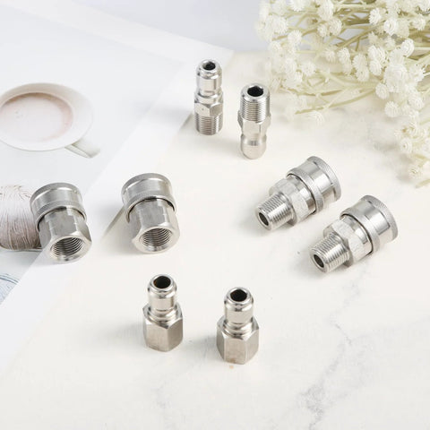 Front view of 8-piece stainless steel pressure washer quick-connect adapters and fittings (1/4in)