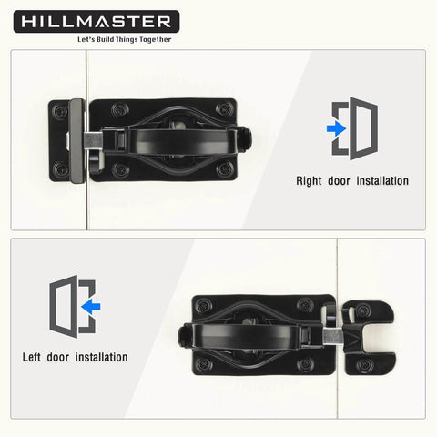 Heavy Duty Automatic Locking Gate Handle Latch For Interior And Exterior Doors, Built Tough Door Latch Hardware For Outdoor Fences, Barns, Sheds, Garages, Right Or Left Handed, Two Mounting Ports, Padlock Ready, Black Finish shown in right and left installation diagrams.