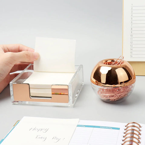 Magnetic Rose Gold Paper Clip Holder Dispenser With 100 Paper Clips Desk Office Organizer Apple Shape Design next to note box