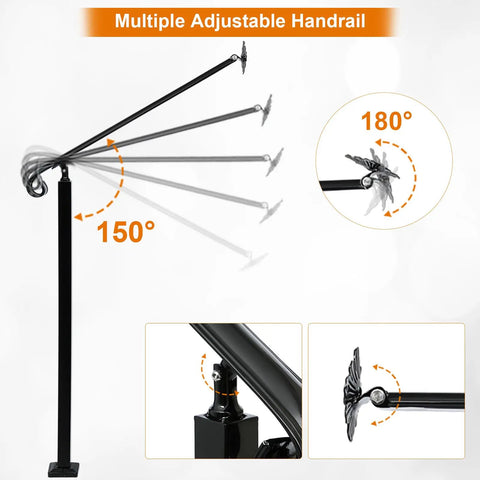 Adjustable handrail with multiple positions in matte black steel for secure gripping, part of Heavy Duty Adjustable Stair Handrail Rock Solid Wall And Floor Mounted Wrought Iron Safety Rail Built Tough For One To Three Steps No Sweat Installation In Matte Black Steel.