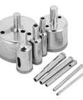 10-piece hole saw and drill bit set for tile and ceramic; chrome-plated, 3–50mm sizes