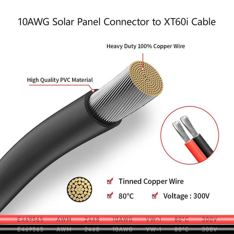 Close-up of Heavy Duty Solar Extension Cable To Xt60I Plug 10 Awg 2 Foot Solid Tinned Copper Wire with PVC sheath.