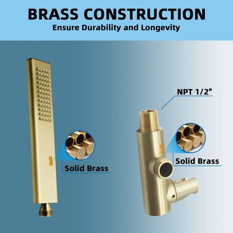 Brass High Pressure Handheld Shower Head Set in Brushed Gold Arc Design With Adjustable Elbow Wall Connector, solid brass construction