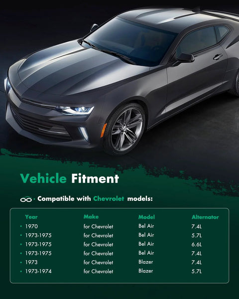 Three Wire 105Amp 12V Self Exciting Alternator Replacement For Chevy Cars alongside vehicle fitment chart for Chevy models.