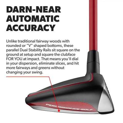 Close-up of 357 Fairway Hybrid 21 Degree Loft for seniors, right-handed, black head with red accents, delivering ease of a 7 wood.