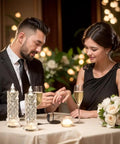 Couple at dinner with Rose Shadow LED Flameless Candles 4 Pack Battery Operated Pillar Candles For Valentines Proposals Anniversary Weddings Christmas Decor White Romantic Mood Lighting For Home Ambience And Gift Idea in table setting