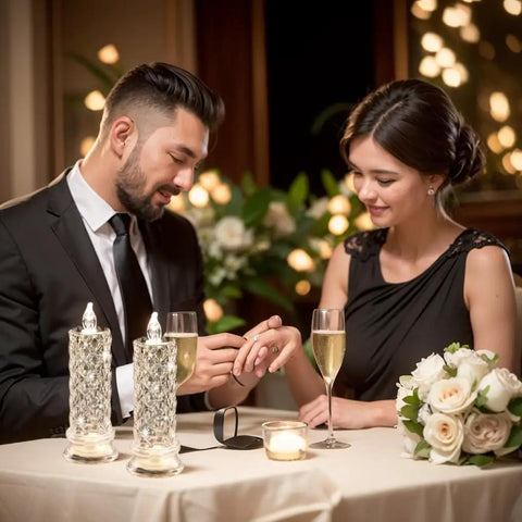 Couple at dinner with Rose Shadow LED Flameless Candles 4 Pack Battery Operated Pillar Candles For Valentines Proposals Anniversary Weddings Christmas Decor White Romantic Mood Lighting For Home Ambience And Gift Idea in table setting