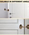 Heavy Duty Brass Hook And Eye Latch For Outdoor Gates And Barn Doors Built Like A Tank With An Antique Bronze Coating on white doors from different angles.