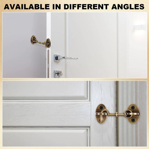 Heavy Duty Brass Hook And Eye Latch For Outdoor Gates And Barn Doors Built Like A Tank With An Antique Bronze Coating on white doors from different angles.