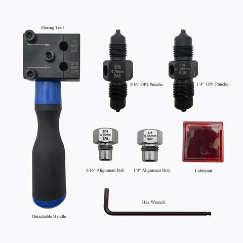 Front view of ZUXUSE brake line flaring tool kit with detachable blue/black handle and 3/16 in and 1/4 in OP1 punches