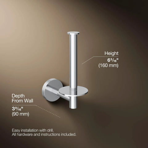 Elate Vertical Toilet Paper Holder in polished chrome minimalist design with size dimensions displayed