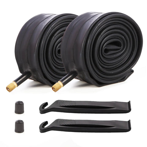 Two Pack Heavy Duty 26 Inch Bike Inner Tubes With Schrader Valve, includes tire levers and caps, for mountain and city bikes.
