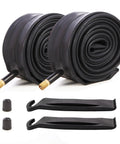 Heavy Duty Bike Inner Tubes Set for 700x38C to 700x45C Tires Fits 700c Gravel Road Mountain Wheels with Schrader Valve 35mm or 48mm Premium Butyl Airtight 2 Pack Built To Last For Daily Rides featuring tubes, caps, and levers.