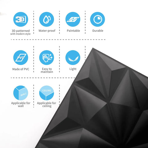 Black Diamond 3D Wall Panels Pack Of 12 Tiles 32 Sq Ft Dope Matte Black PVC Decor Features with Partial Tile