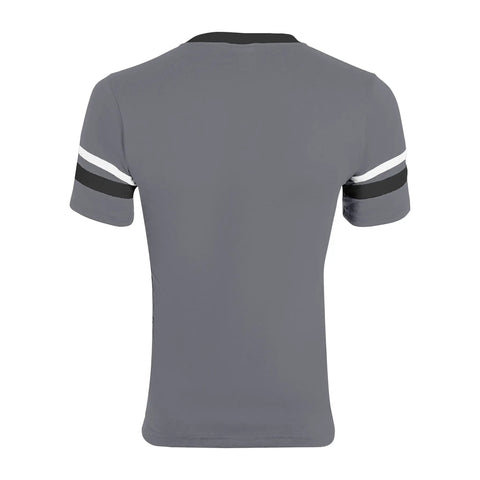 Retro Ringer Tee With Contrast Sleeve Stripes And Knit V Neck 50 50 Poly Cotton Jersey Double Needle Hem All Day Comfy Team Spirit Tee In Graphite Black White Sized Small - back view