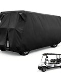 Six Passenger Golf Cart Storage Cover For EZGO Club Car And Yamaha Built Tough With Heavy Duty Dustproof Protection And All Weather Durability Fits Most 6 Seat Limo Or 4 Seat Carts 138 L X 48 W X 66 H covering a golf cart