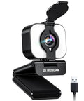Pro Grade 2K Webcam For PCs Featuring Warm LED Ring, privacy slider, and USB for easy setup with dual mic.