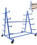 Kickass Heavy Duty Five Tier Double Sided Horizontal Storage Rack With 500 Pound Capacity And Four Locking Caster Wheels, blue metal pipe rack with smooth-rolling wheels.