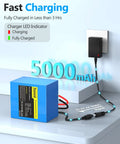 Plug And Play 24V 5Ah Li Ion Battery Pack With 2A Fast Charger, bare leads, and cable connector in charging setup