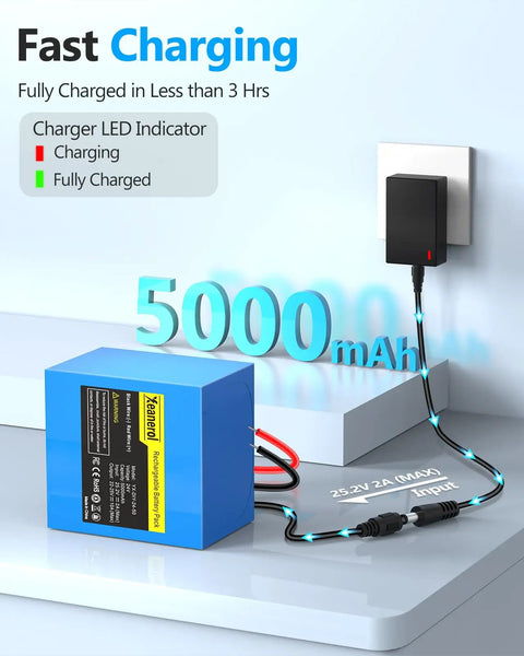 Plug And Play 24V 5Ah Li Ion Battery Pack With 2A Fast Charger, bare leads, and cable connector in charging setup