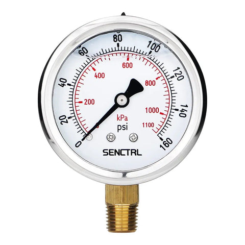 Glycerin Liquid Filled Air Pressure Gauge, 0-160 Psi, 2.5 Inch Dial, One Quarter Inch NPT Lower Mount, Stainless Steel Case