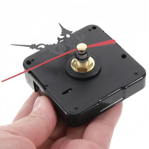 Hand holding Quartz Long Shaft Clock Movement Replacement Kit with brass nut and red hands for DIY wall clock repair.