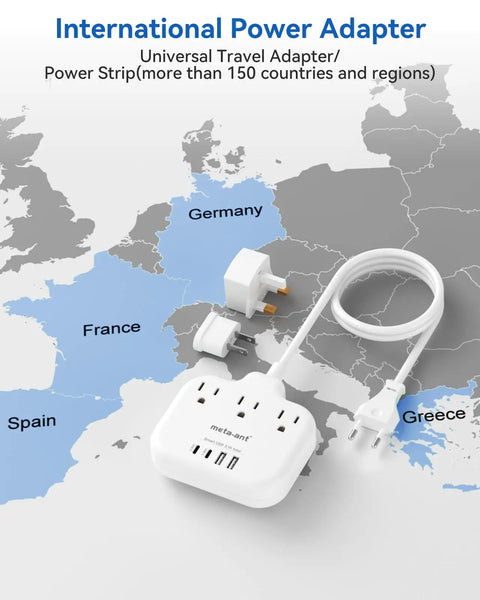 US To Europe Travel Plug Adapter With Three US Outlets And Four USB Ports, Three Foot European Power Cord on European map.