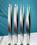Four Pack Stainless Steel Tweezers Set With Flat Slanted Pointed And Hooked Tips For Eyebrow Shaping Ingrown Hair Removal Splinters And Facial Grooming Pro Grade Durable Precision Tools For Everyday Grooming, four stainless steel tweezers on blue background