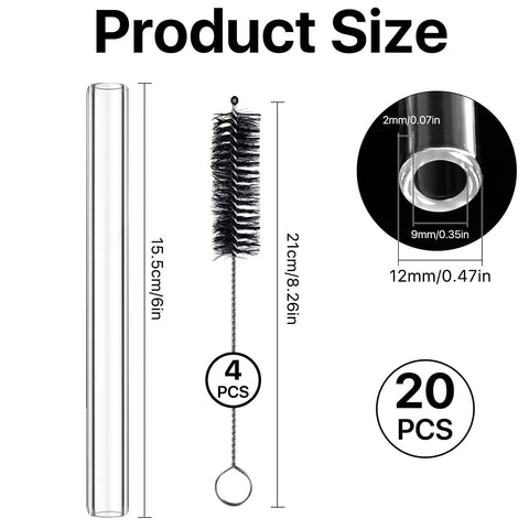20 Pack 6 Inch Borosilicate Glass Pipes With 12mm OD 9mm ID 2mm Wall High Temp Resistant Blowing Tubes And 4 Cleaning Brushes