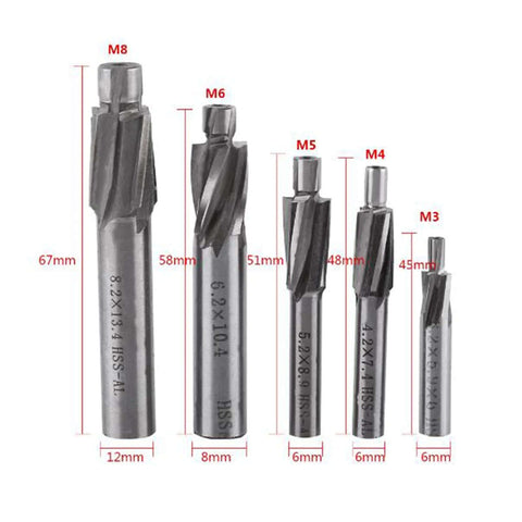 Five-piece M3-M8 counterbore end mill set, HSS-AL, 4-flute drill bits, front view