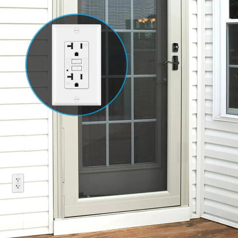 Close-up of 10-Pack Outdoor GFCI Receptacle Outlet 20 Amp Weather-Resistant Ground Fault Interrupter With Wall Plate Included ETL Listed White