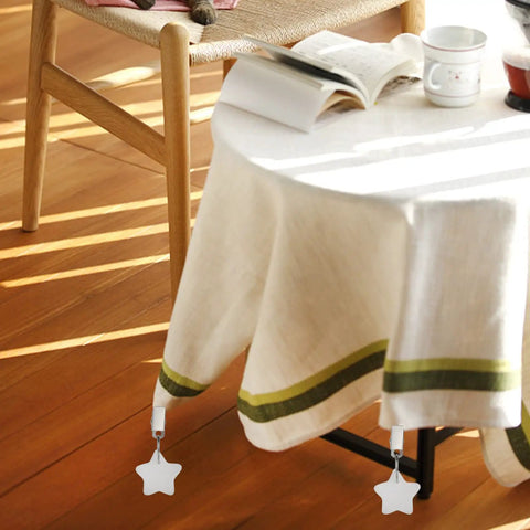 10 Pack Marble Tablecloth Weights With Clips, Heavy Duty Stainless Steel Pendant Stone Hangers on white fabric in dining room