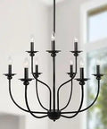 Black Farmhouse Chandelier, Two Tier Nine Light Candle Fixture, French Country Style in dining room setting, modern rustic look