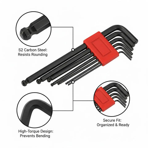 Rock Solid Seven Piece S2 Carbon Steel Hex Key Set with red holder, 7 black keys, close-up of rounded tip