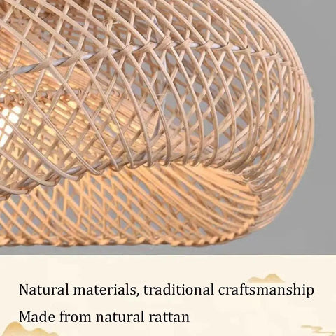 YAXDQUW Irregular Shaped Rattan Pendant Light Hand Woven Wicker Hanging Ceiling Lamp Adjustable Cord Chandelier E27 Boho Light Fixture showcasing intricate rattan design.