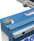 Blue sheet metal brake, 48-inch magnetic box-and-pan type; front-left close-up showing silver knurled adjustment knob