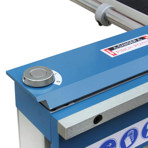 Blue sheet metal brake, 48-inch magnetic box-and-pan type; front-left close-up showing silver knurled adjustment knob