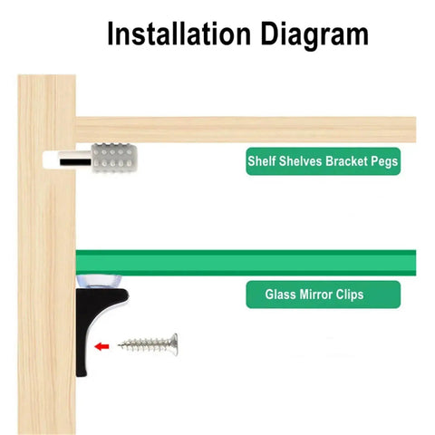 Installation diagram of Sturdy Shelf Support Pins And Peg Hardware For Cabinets, showing shelf bracket pegs and glass mirror clips.