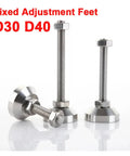Heavy Duty Adjustable Furniture Leveling Feet Swivel Base Pads Beat Table Wobble Fast Quick Height Range One To Two Point Five Inches Tilts Sixty To Ninety Degrees Flat Out Rough Floors Smooth M6 Thread Snap In Two Piece Set with fixed stainless steel adjustment feet.